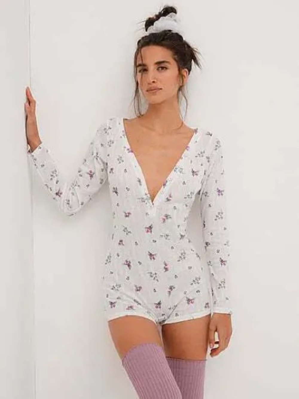 For Love & Lemons White Floral Long-Sleeve Henley Romper